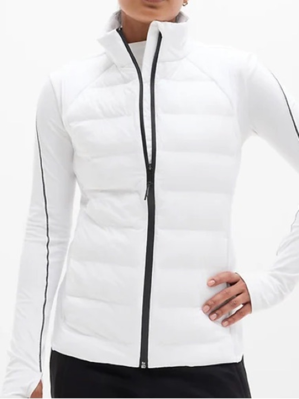 Athleta White Hybrid Puffer Jacket with Black Zipper Trim